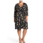 Leota Plus Dress Black Floral 3/4 Sleeve Faux Wrap Belted Midi Dress Size 2X Photo 1