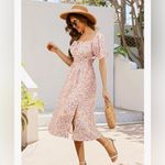 NEW Floral Print Beach Dress Midi Short Sleeves A Line S Pink Photo 5