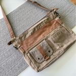 Myra Bag Tan Gray Canvas Leather Purse Shoulder Bag Tote Bag Photo 1
