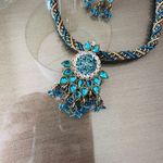 Ethnic Indian Necklace & Earrings Set – Turquoise Crystal Design Blue Photo 1
