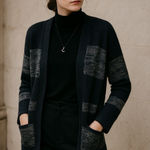 Chico's  Dark Academia Cardigan‎ Sweater sz 1 Medium Black Metallic Silver Wool Photo 0