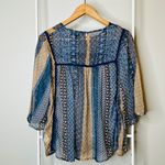 Atmosphere Blue Sheer Patchwork-Effect Bell Sleeve Boho Top 10 Photo 3