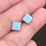 Sterling Silver 925 Blue Opal Square Small Stud Earrings Photo 7