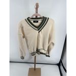 Cider ASYMMETRICAL CONTRSTING V-NECK SWEATER Women’s Size Large Green Ivory Photo 2