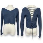 Zaful V-Neck Back Lace-up Long Sleeve Cropped Sweater Blue Women's Small Photo 1