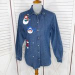 Westbound Snowman Appliqué Embroidered Denim Shirt Blue Medium Button Up Photo 1
