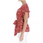 Max Studio L Large Top Blouse Scarlet Red Daisy Floral Ruffled Sleeve Tie Photo 1
