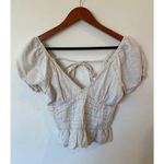 Sim & Sam Cropped Halter Top Beige Linen Blend Puff Sleeve Smocked Size Medium Photo 0