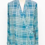 CAbi  Surplice Blouse Teal Cream Windowpane Plaid Chiffon Size M Photo 2