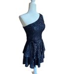 Trixxi  Sequined One-Shoulder Tiered Navy Mini Dress Junior Size S Glam Dance Photo 1