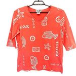 COPA CABANA 3/4 Sleeve Fish Print Womens Top Size Large Coral Orange Beachy USA Photo 0