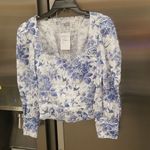 Reformation 💕💕 Stilton Linen Top  Pompadour Blue White Floral Bird Print 2 NWT Photo 4