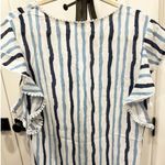 NWOT XL White Navy Blue & Cornflower Stripes Keyhole Flutter Sleeves Scallop Photo 3