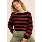 Free People Boxy Boat Neck Into The Blue Pullover Sweater Brown Stripes Large Photo 4