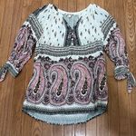 White pink and green paisley peasant top with tie sleeves size small Photo 2