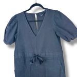 ASOS Design Soft Black Denim V-Neck Puff Sleeve Tie Waist Wide Leg Jumpsuit Photo 3