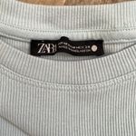 ZARA Pastel Light Blue Ribbed Cropped Ruffle Side Crew Neck Shirt size Medium Photo 1