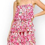 TCEC  Pleated Tiered Circle Print Mini Dress Spaghetti Strap Pink Red White M Photo 0