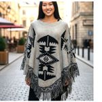Poncho Cape Shawl Double Knit Dolman Beige Black Art to Wear Fringe West 36th Tan Size undefined Photo 1