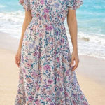 Tahari  pink floral ruffled sleeve smocked midi dress 6 Photo 0