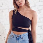 Blue Blush Black One Shoulder Tie Crop Top Photo 0