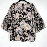 Rose & Olive Black Floral Bell Sleeve Keyhole Neck Blouse‎ Size 1X Dark Romantic Pink Photo 0