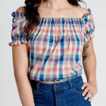 Modcloth JCrew Smocked Cotton Crop Top Summer Madras Plaid Checkered Orange Blue S Photo 0