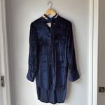 Maeve Anthropologie  Tie Neck Crushed Velvet Navy Blue Blouse High Low Photo 4