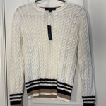 Tommy Hilfiger  Leila Cotton White Tan Black Cable Knit Sweater Size Medium Photo 0