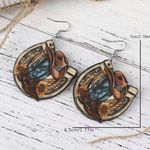 Western style‎ wooden with sunflower shape pattern drop hook earrings Brown Photo 3