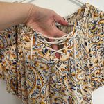 CHAPS  Jersey Flutter Sleeve Top Cream Yellow Multi Paisley Lace Up Short Sleeve Photo 7