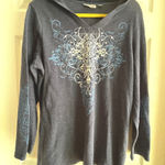 Avenue Hoodie V-Neck Top Blue Gray Waffle Knit Long Sleeve Pullover Embroidered Photo 0