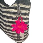 THE SAK Hobo Crochet Knit Black &white Striped w/ pink flower & Tassel charms Brown Photo 6