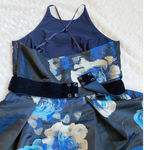 Eliza J Black Blue Floral Jacquard Crisscross Halter Fit Flare Belted Dress sz 6 Photo 12