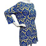 J. McLaughlin  Women's Large Blue Gold Tunic Dress Floral Boat Neck Stretch Boho Photo 2