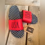 Rae Dunn Womens size 7 patriotic USA  slides Photo 1
