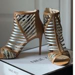 Nine West SZ 7 in Box Tan Leather 4" STILLETO Heel PEEP TOE Snakeskin Metallic Photo 15