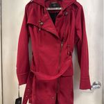 Nanette Lepore  Red Trench Coat Belted Moto Style Jacket Size Large Photo 1
