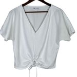 ZARA Textured Detail Keyhole Tie Front Short Sleeve V Neck Crop Top S White Photo 12