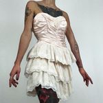 Vintage 90’s Strapless Satin Corset Mini Dress with Lace Ruffle Skirt | Size XS Pink Photo 0