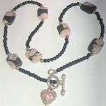 Black Beaded & Pink Agate Stone Boho Heart Toggle Closure Necklace Photo 0