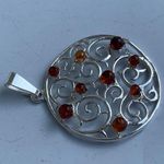 Sterling Silver Multi-Stone Baltic Amber Swirl Design Round Pendant Photo 4