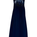 Blondie Nites Dark Blue Open Back‎ Beaded Floor Length Gown Formal Dress Prom Vintage Elegant Photo 0