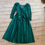 Vintage 1980s Fit and Flare Prom Dress Teal Fitted Bodice Lace Long Sleeve Bow Green Size 14 Photo 10