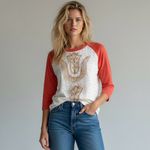 Free People  Bohemian Embroidered Eyelet Baseball Raglan Tee Top Small Red Cream Photo 2