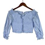 ZARA Smocked Off The Shoulder V Neck Crop Top Ruffle Puff Long Sleeves L Blue Photo 13