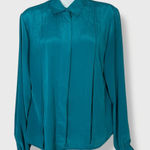 Vintage 1980s Blouse Pleats‎ Front Teal Long Sleeve Notations Women Office Retro Green Size 6 Photo 0