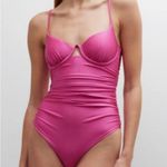 JONATHAN SIMKHAI Satin Ruched Cup Underwire Dragon Fruit Swimsuit Photo 3
