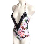 🔃White Floral Front V Cut Out One Piece Swimsuit White Size L Photo 1