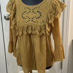 A loves A  Mustard Yellow Cotton Blouse Ruffle‎ Sleeve Eyelet Neckline S Boho Photo 0